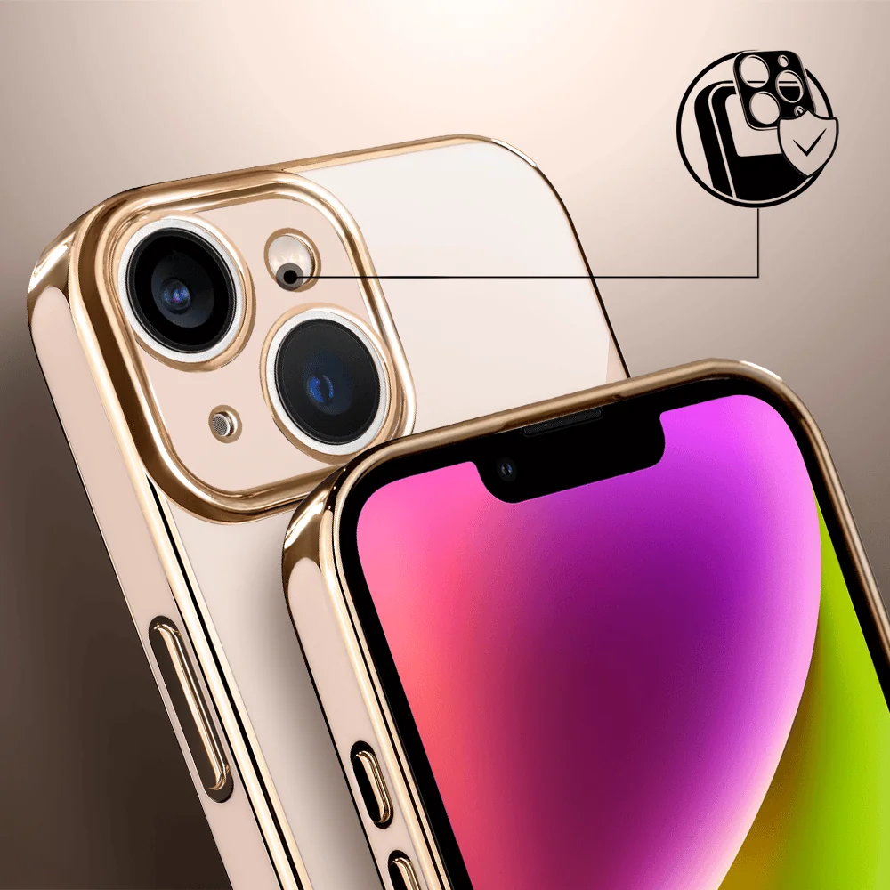 Etui do iPhone 14 eleganckie, ze złotym, metalowym uchwytem i zdobieniami, osłona na aparat, złoty róż5