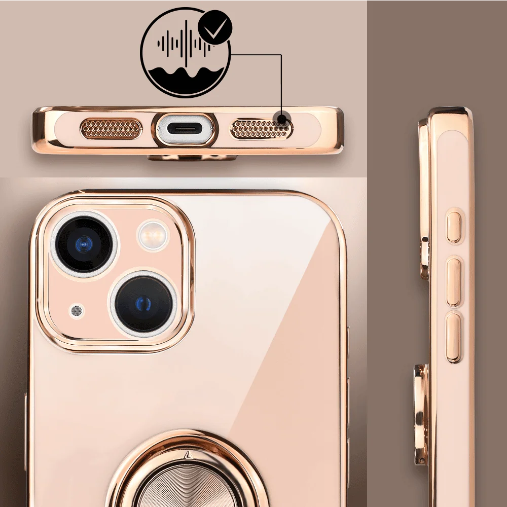 Etui do iPhone 14 eleganckie, ze złotym, metalowym uchwytem i zdobieniami, osłona na aparat, złoty róż7