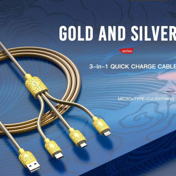 złoty piękny kabel 3w1 usb typ c, micro usb, lightning, do szybkiego ładowania 3a– 1,2m
