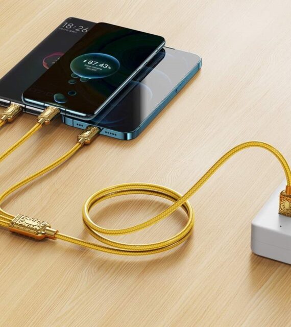 złoty piękny kabel 3w1 usb typ c, micro usb, lightning, do szybkiego ładowania 3a– 1,2m