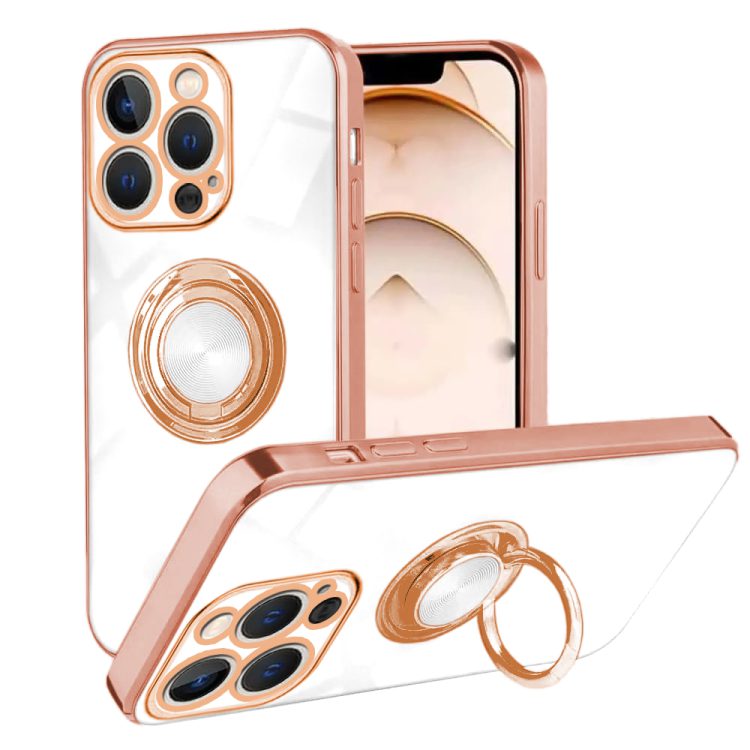 etui do iphone 14 pro eleganckie, ze złotym, metalowym uchwytem i zdobieniami, białe