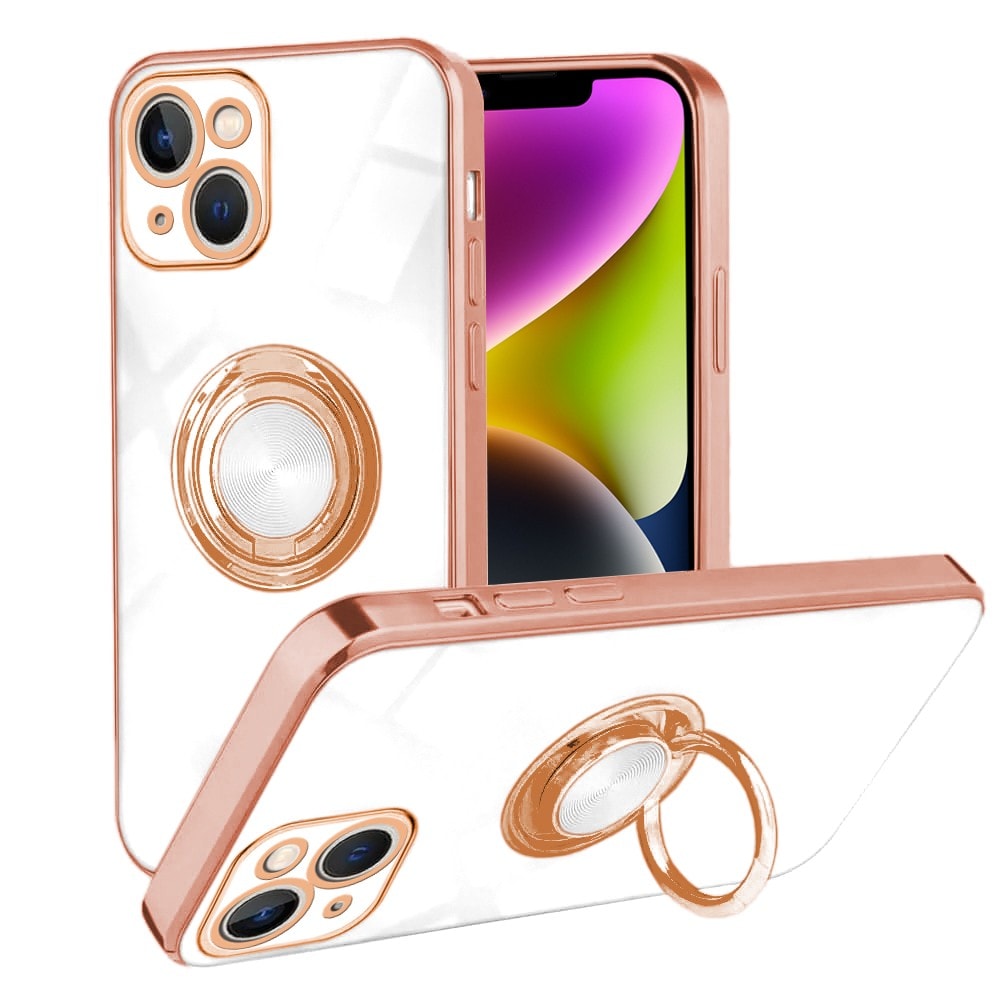 etui do iphone 14 eleganckie, ze złotym, metalowym uchwytem i zdobieniami, osłona na aparat, białe