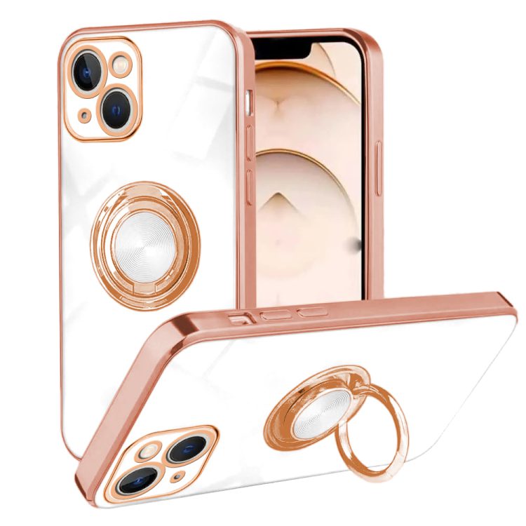 etui do iphone 14 eleganckie, ze złotym, metalowym uchwytem i zdobieniami, białe
