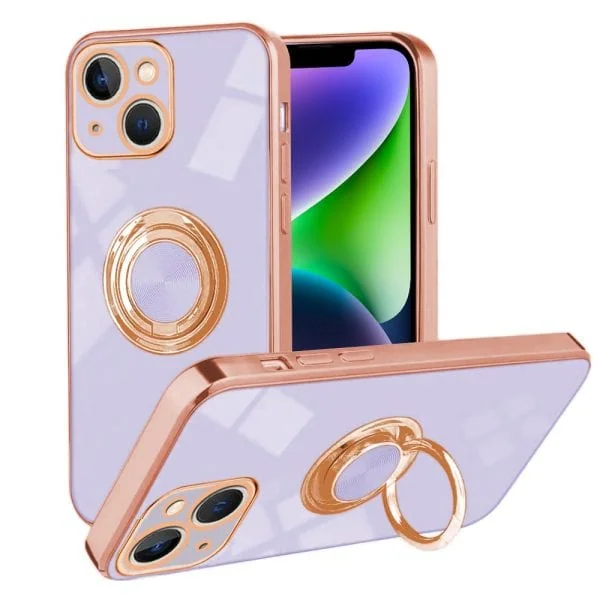 etui do iphone 14 eleganckie, ze złotym, metalowym uchwytem i zdobieniami, osłona na aparat, fioletowe liliowe