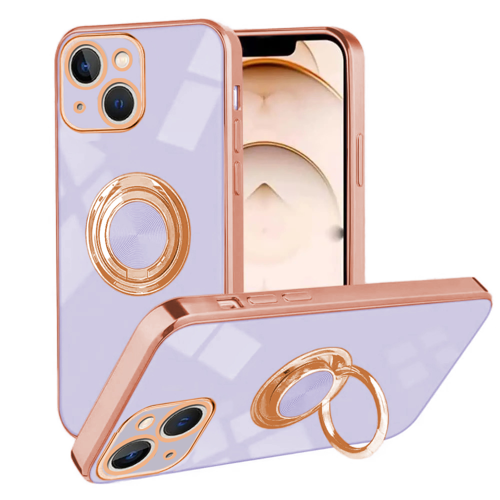 Etui do iPhone 15 eleganckie, ze złotym, metalowym uchwytem i zdobieniami, osłona na aparat, fioletowe liliowe