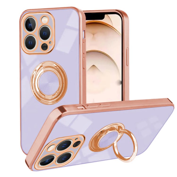 etui do iphone 14 pro max eleganckie, ze złotym, metalowym uchwytem i zdobieniami, fioletowe liliowe