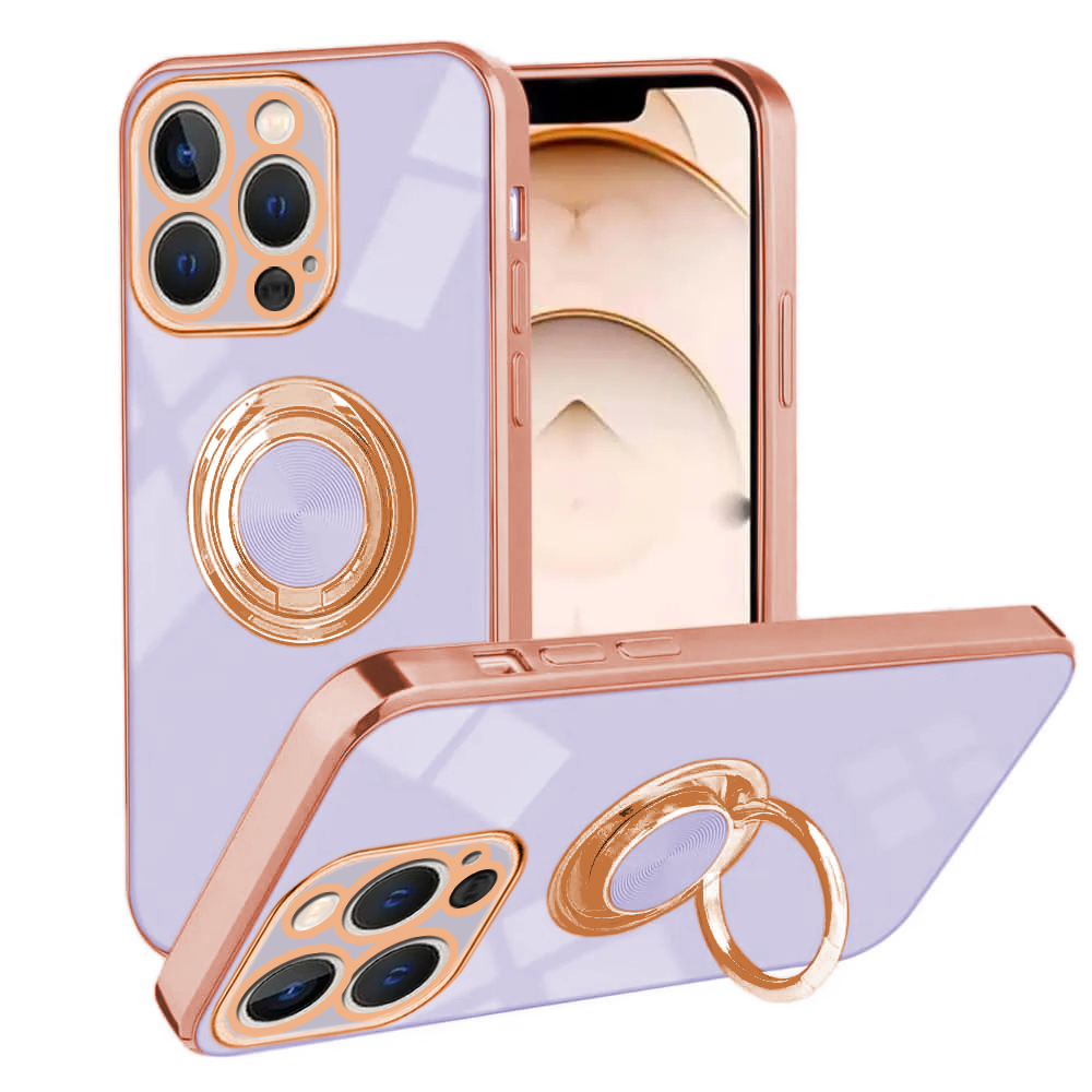Etui do iPhone 14 Pro Max eleganckie, ze złotym, metalowym uchwytem i zdobieniami, osłona na aparat, fioletowe liliowe