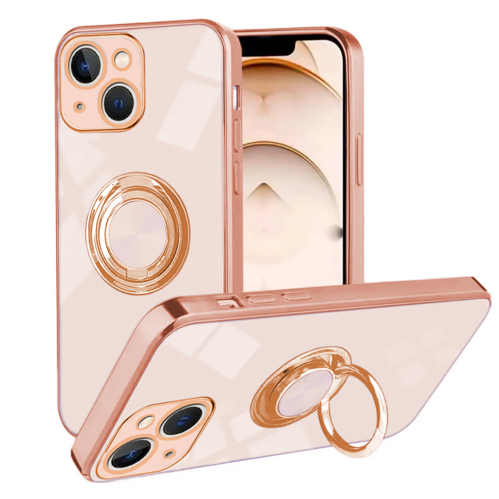 Etui do iPhone 15 eleganckie, ze złotym, metalowym uchwytem i zdobieniami, osłona na aparat, złoty róż