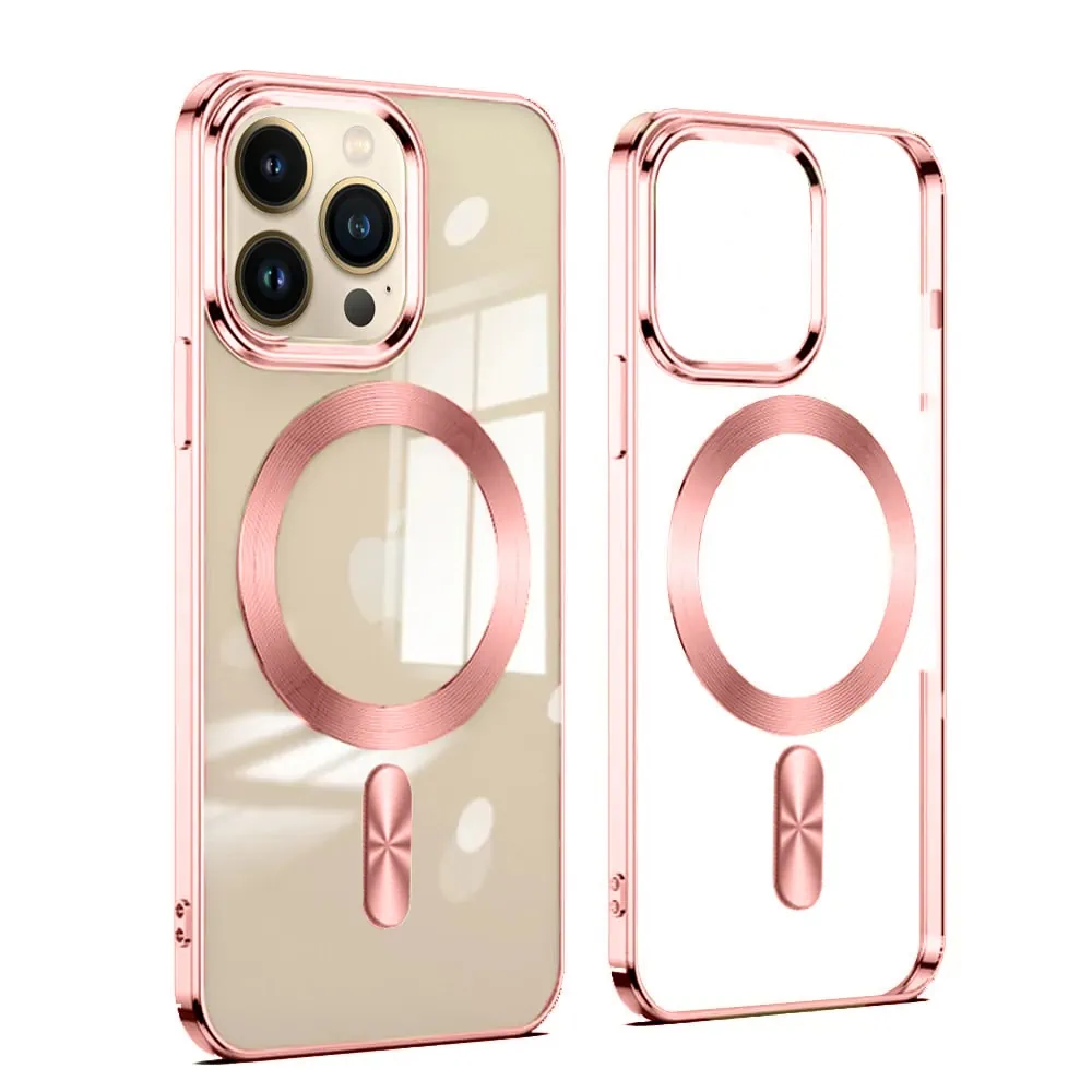 Etui do iPhone 14 Pro Max Magsafe Luxury przeźroczyste, różowe złoto