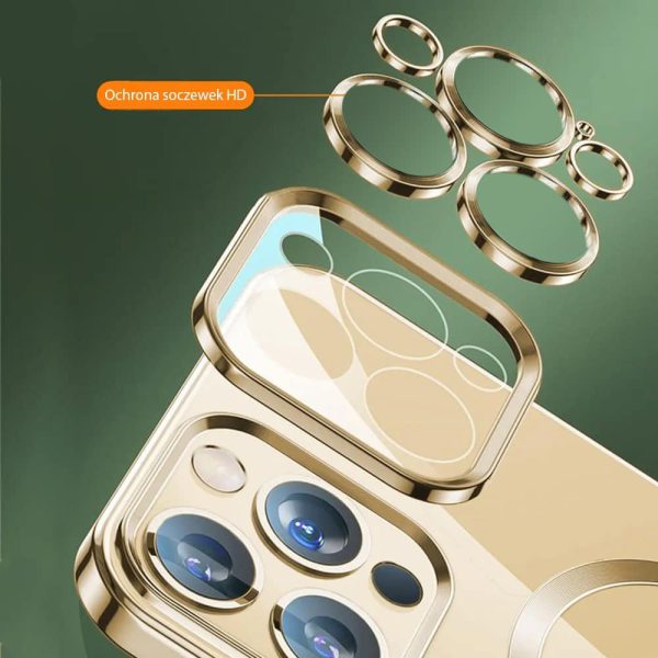 etui do iphone 14 pro magsafe luxury protect przeźroczyste, osłona kamery, złote