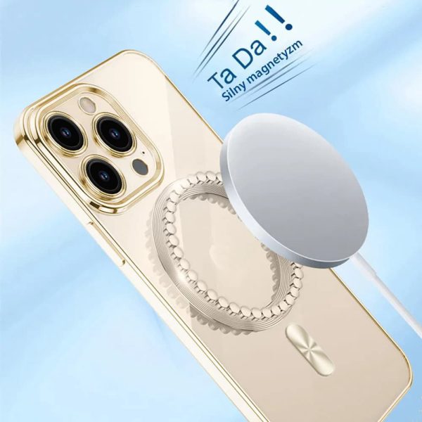 etui do iphone 14 pro magsafe luxury protect przeźroczyste, osłona kamery, złote