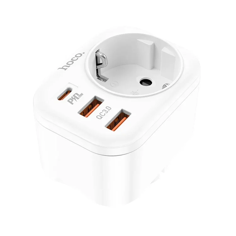 Ładowarka sieciowa 4w1 2xUSB QC3.0 + USB typ C + gniazdo sieciowe UE biała