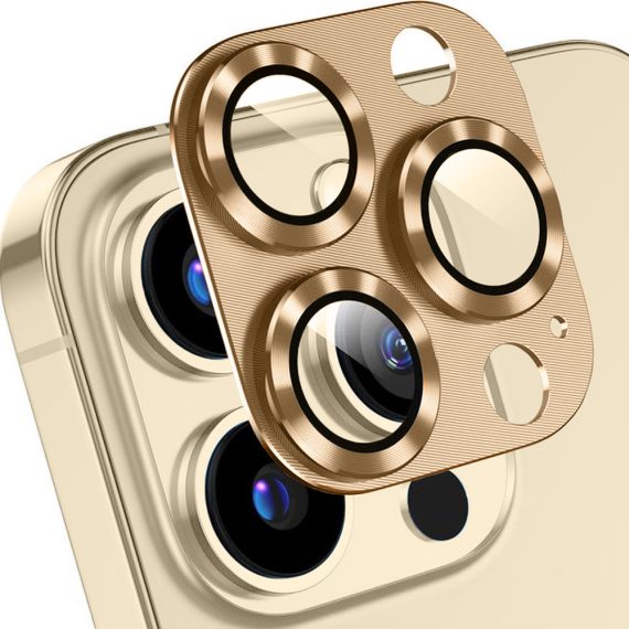 iphone 14 pro metalowa osłona na cały aparat, wbudowane szkła 9h, złota