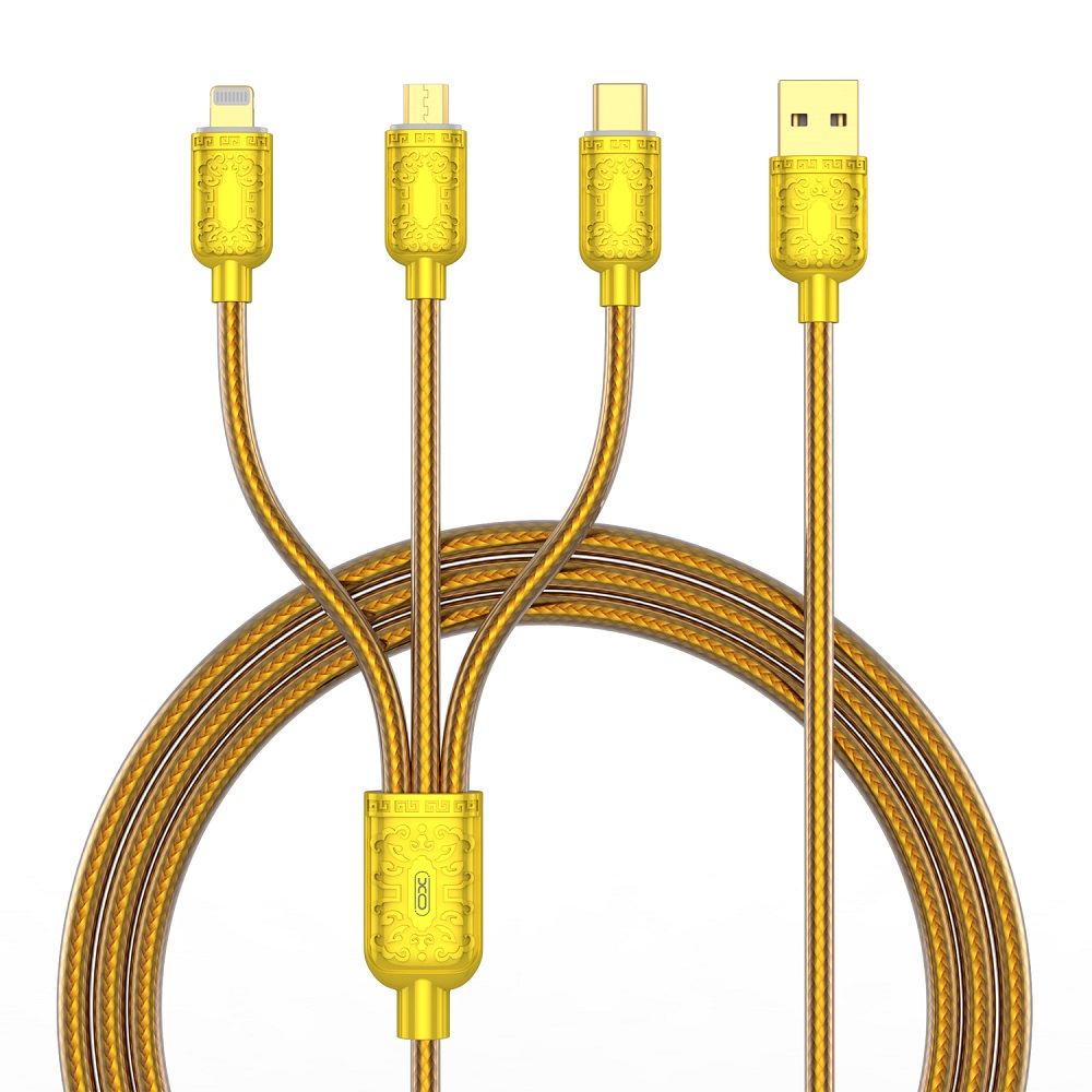 Złoty piękny kabel 3w1 USB TYP C, micro USB, Lightning, do szybkiego ładowania 3A – 120 cm