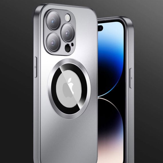 etui do iphone 14 pro max noble brush silver magsafe z widocznym logo i osłoną na aparat, srebrne