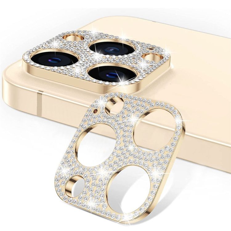 iphone 14 pro max luksusowa diamentowa metalowa osłona na cały aparat, złota