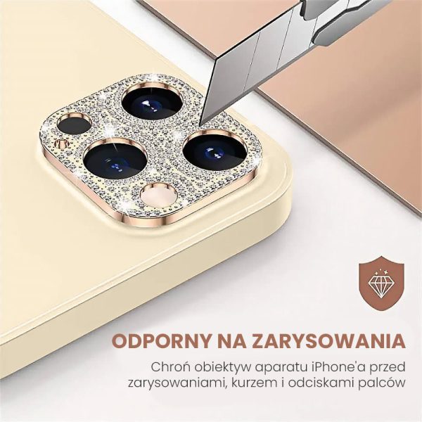 iphone 14 pro max luksusowa diamentowa metalowa osłona na cały aparat, złota
