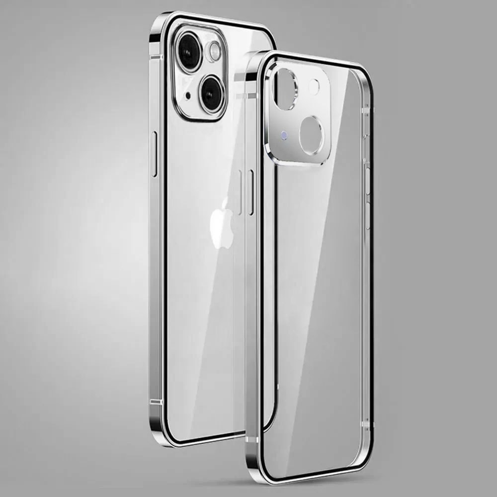 etui do iphone 14 elite skin ultra cienkie, krystalicznie czyste z metalową ramką, srebrne