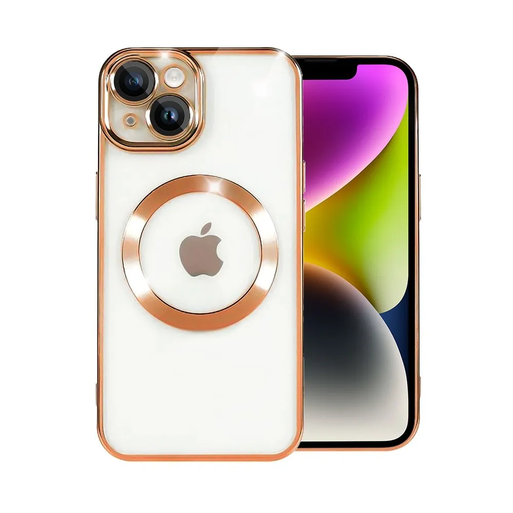 Etui do iPhone 14 MagSafe Luxury Protect przeźroczyste, hybrydowa ochrona kamery, czerwone złoto