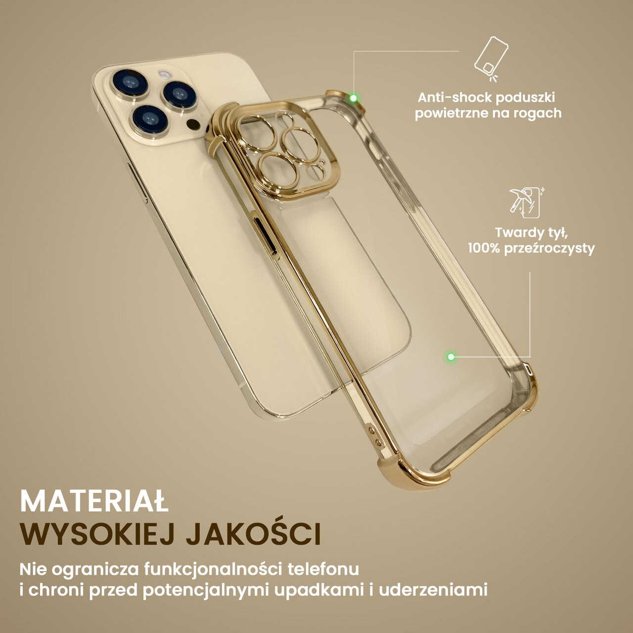 etui do iphone 14 pro max hybrid elegance anti shock z poduszkami, złote