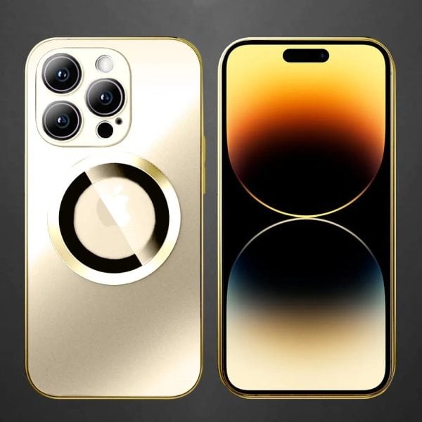 etui do iphone 14 pro noble brush magsafe z widocznym logo i osłoną na aparat, złote