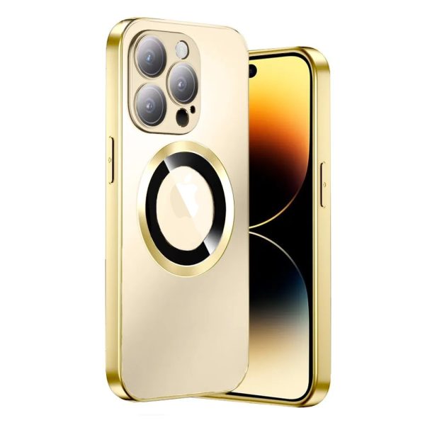 etui do iphone 14 pro noble brush magsafe z widocznym logo i osłoną na aparat, złote