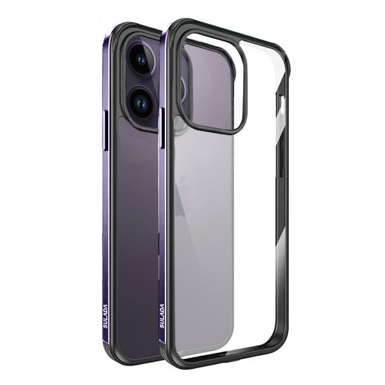 etui do iphone 14 pro krystaliczny tył z metalową ramką, trwałe, eleganckie sulada oryginal, purpurowe