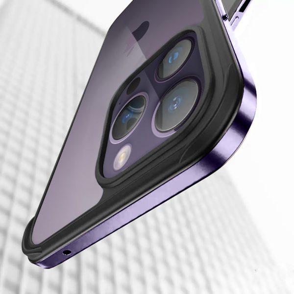 etui do iphone 14 pro krystaliczny tył z metalową ramką, trwałe, eleganckie sulada oryginal, purpurowe