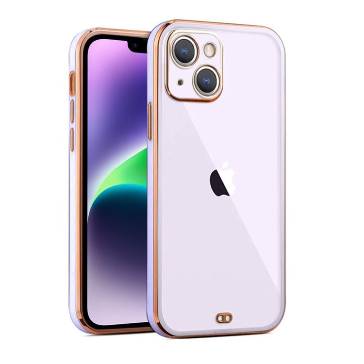 etui do iphone 14 fashion gold przeźroczysty tył, pozłacane elementy, osłona na aparat, fioletowa ramka