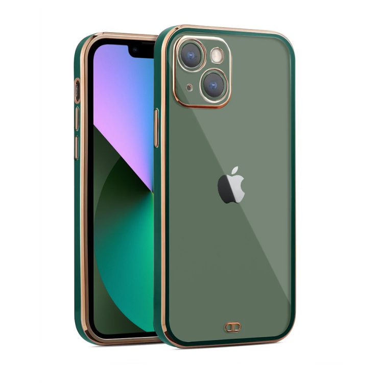 Etui do iPhone 13 Fashion Gold przeźroczysty tył, pozłacane elementy, osłona na aparat, zielona ramka