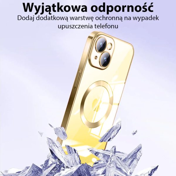 etui do iphone 14 magsafe luxury protect przeźroczyste, hybrydowa ochrona kamery, czerwone złoto, różowe złoto (kopia)
