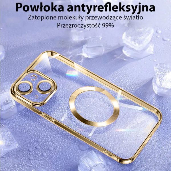 etui do iphone 14 magsafe luxury protect przeźroczyste, hybrydowa ochrona kamery, czerwone złoto, różowe złoto (kopia)