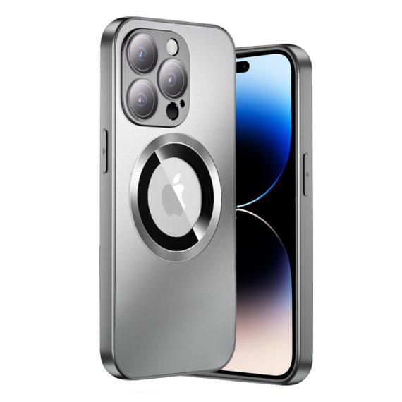 Etui do iPhone 14 Pro Max Noble Brush Silver MagSafe z widocznym logo i osłoną na aparat, srebrne