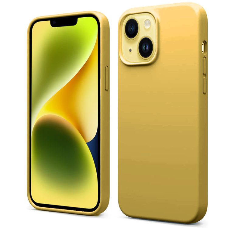 Etui do iPhone 14 silikonowe z mikrofibrą soft touch, musztardowe