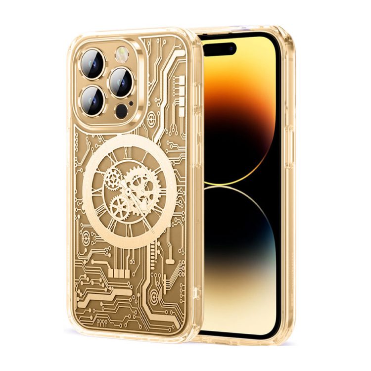 etui do iphone 14 pro max clock work magsafe, przeźroczyste ze złotym mechanizmem