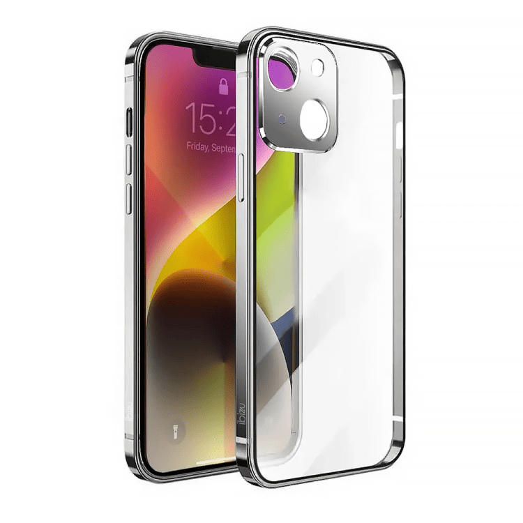 etui do iphone 14 ibizu elite skin ultra cienkie, krystalicznie czyste z metalową ramką, srebrne