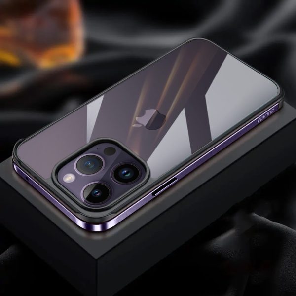 etui do iphone 14 pro krystaliczny tył z metalową ramką, trwałe, eleganckie sulada oryginal, purpurowe