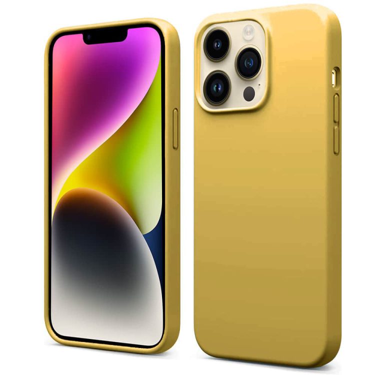 etui do iphone 14 pro silikonowe z mikrofibrą soft touch, musztardowe
