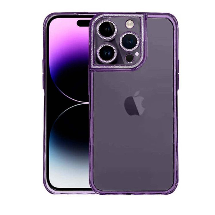etui do iphone 14 pro max kryształowa struktura, osłona na aparat, przeźroczyste z purpurową ramką