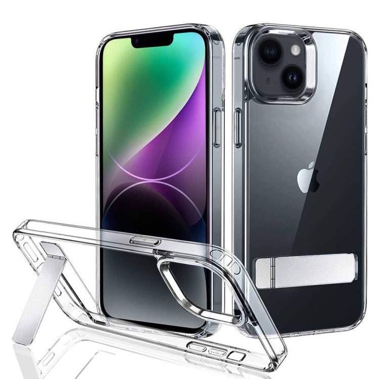 etui do iphone 14 clear stand, metalowa podstawka, przeźroczyste