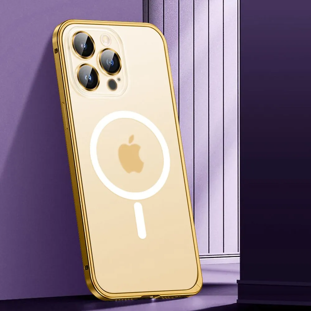 Etui do iPhone 14 Pro Max Magsafe Metalic Frame Oryginal, ochrona aparatu, złota ramka