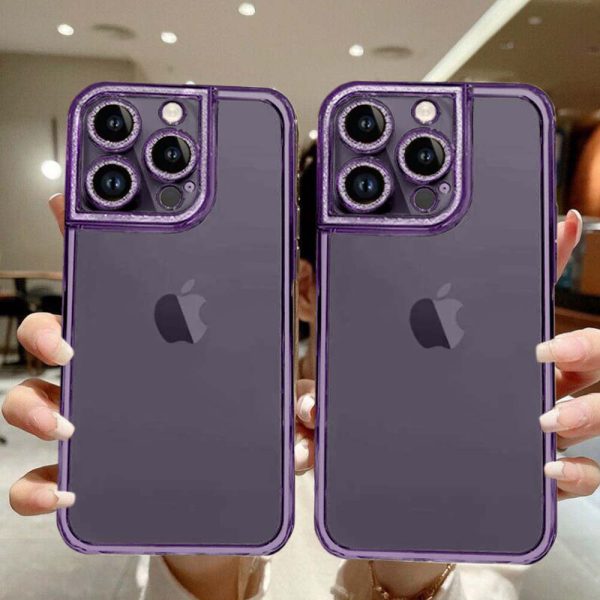 etui do iphone 14 pro max kryształowa struktura, osłona na aparat, przeźroczyste z purpurową ramką