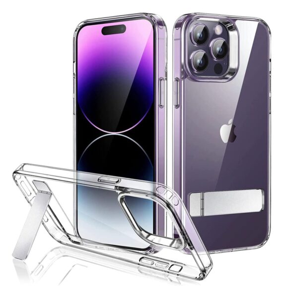 etui do iphone 14 pro max clear stand, metalowa podstawka, przeźroczyste