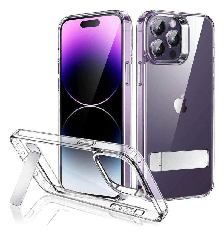 etui do iphone 14 pro max clear stand, metalowa podstawka, przeźroczyste