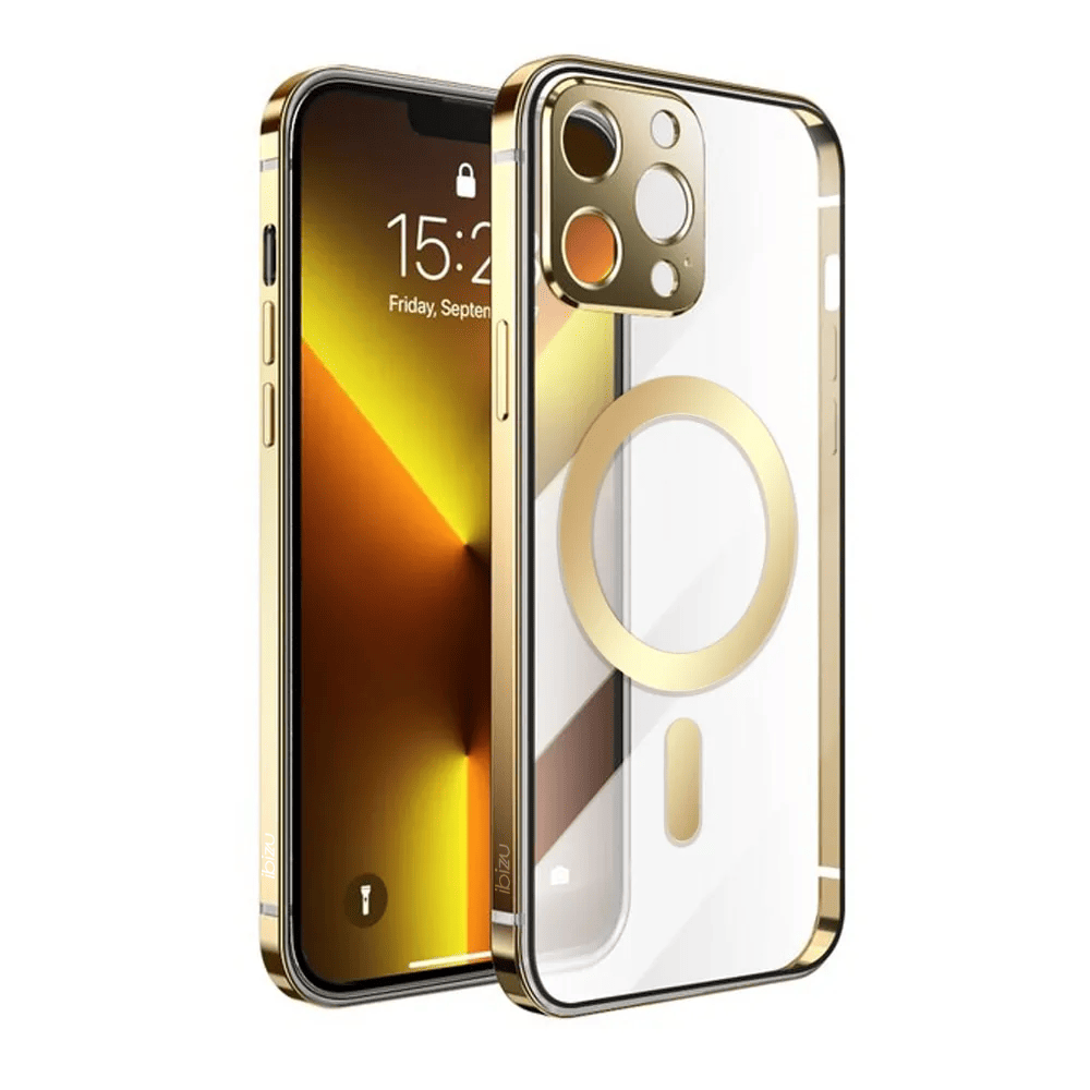 Etui do iPhone 13 Pro Max Ibizu Elite Skin ultra cienkie, krystalicznie czyste z metalową ramką, złote z MagSafe (PO ZWROCIE)