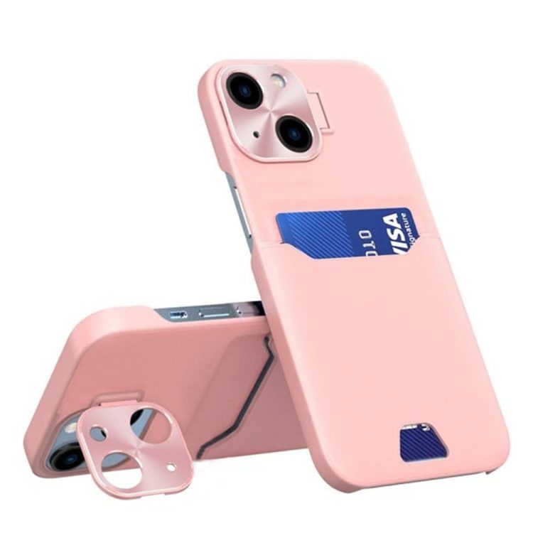 etui do iphone 14 leather stand z osłoną na aparat, miejscem na kartę i podstawką, różowe