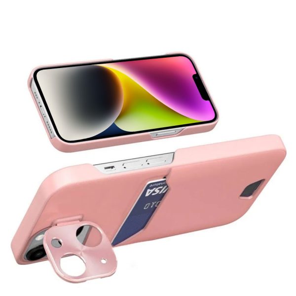 etui do iphone 14 leather stand z osłoną na aparat, miejscem na kartę i podstawką, różowe