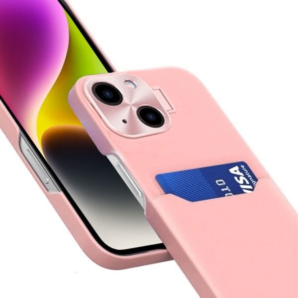 etui do iphone 14 leather stand z osłoną na aparat, miejscem na kartę i podstawką, różowe