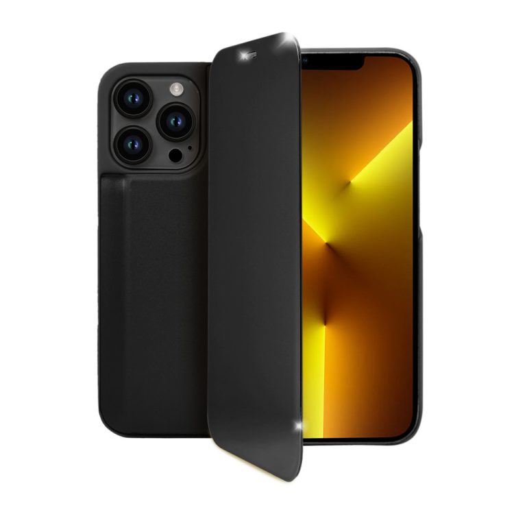 etui do iphone 14 pro goldview zamykane eleganckie lustrzane, czarne