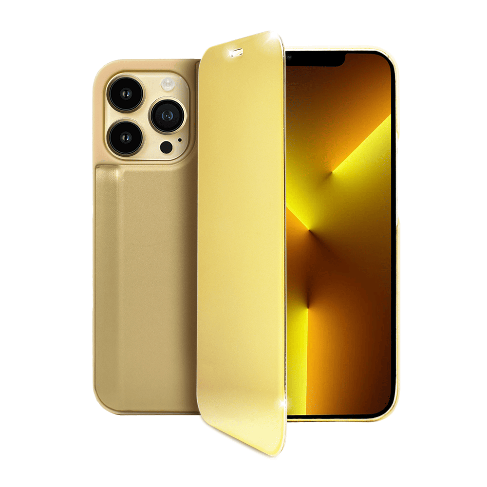 etui do iphone 14 pro goldview zamykane eleganckie lustrzane, złote